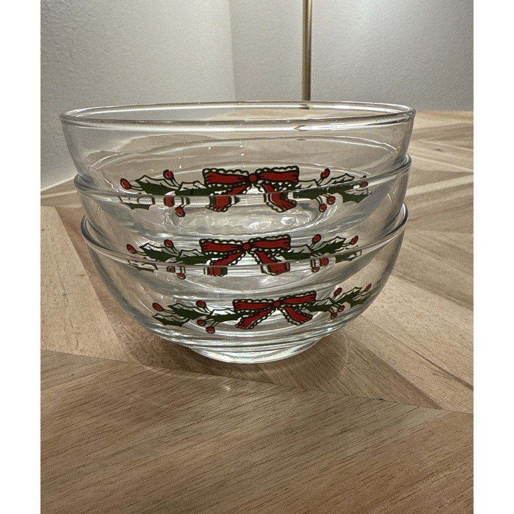 Set 3 VTG MCM‎ Libby Glass XMAS Holly Bow Garland, Fruit/Dessert Bowl Party Mint